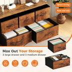 5-Drawer Lateral File Cabinet with Metal Frame & Wooden Top – Industrial Office Storage Organizer, 3 Upper + 2 Lower Drawers, Open Storage, Fits TV up to 45” – Black & Grey