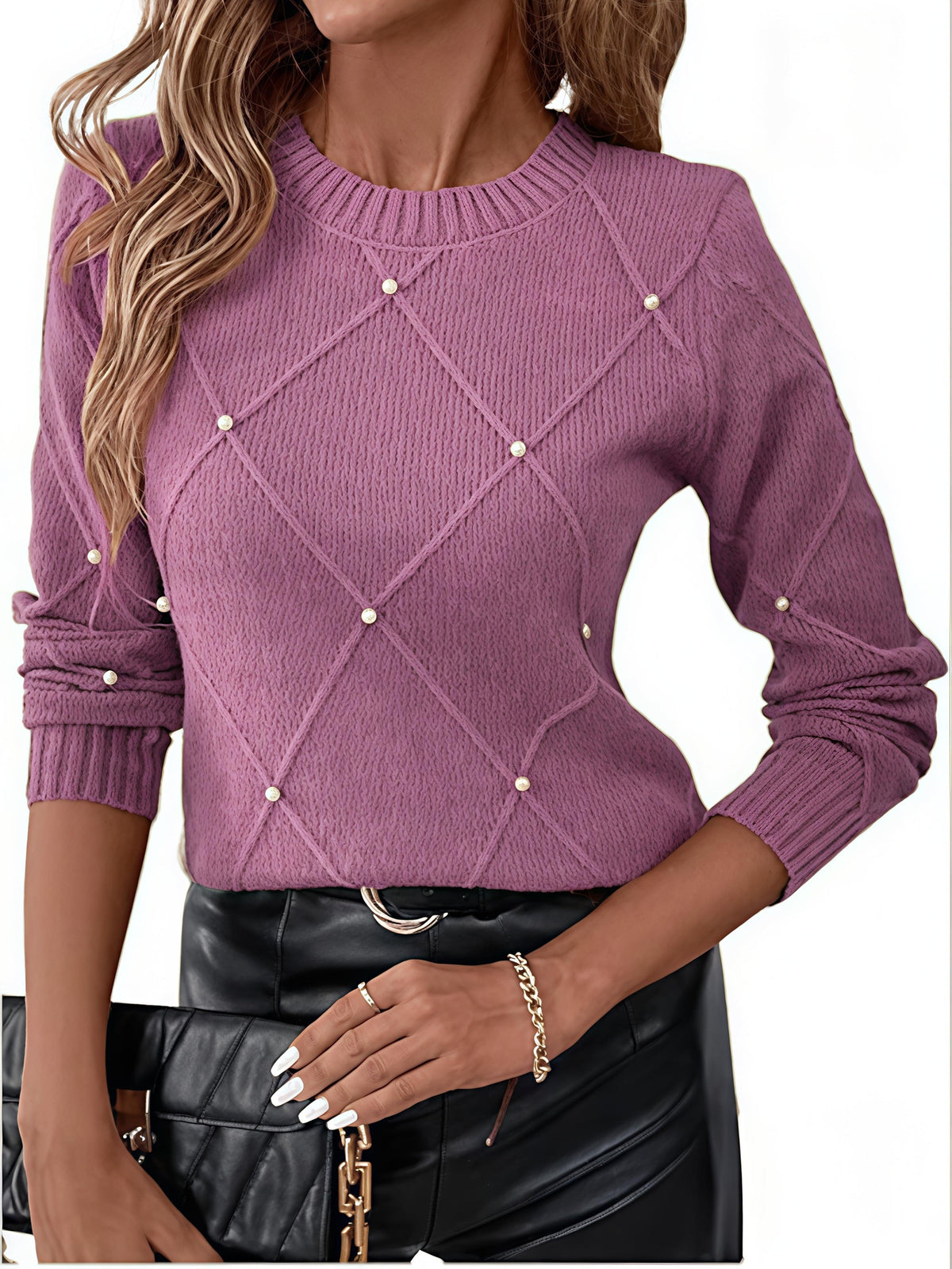 Women's Pearl Detail Pullover Sweater Long Sleeve Loose Fit Round Neck Knit Top - Elegant Casual Style for Daily Wear, Office, Date Night | Available in Multiple Colors S-XL