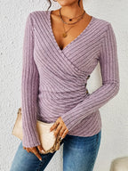 Women's V-Neck Button Long Sleeve Tunic Top – Solid Color Suede Feel Mid-Stretch Elegant Shirt for Spring & Fall Layering