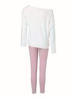 Women's Casual Letter Print Long Sleeve T-Shirt Wide Leg Pants 2 Piece Set Matching Lounge Outfit White Pink Black S-XXL