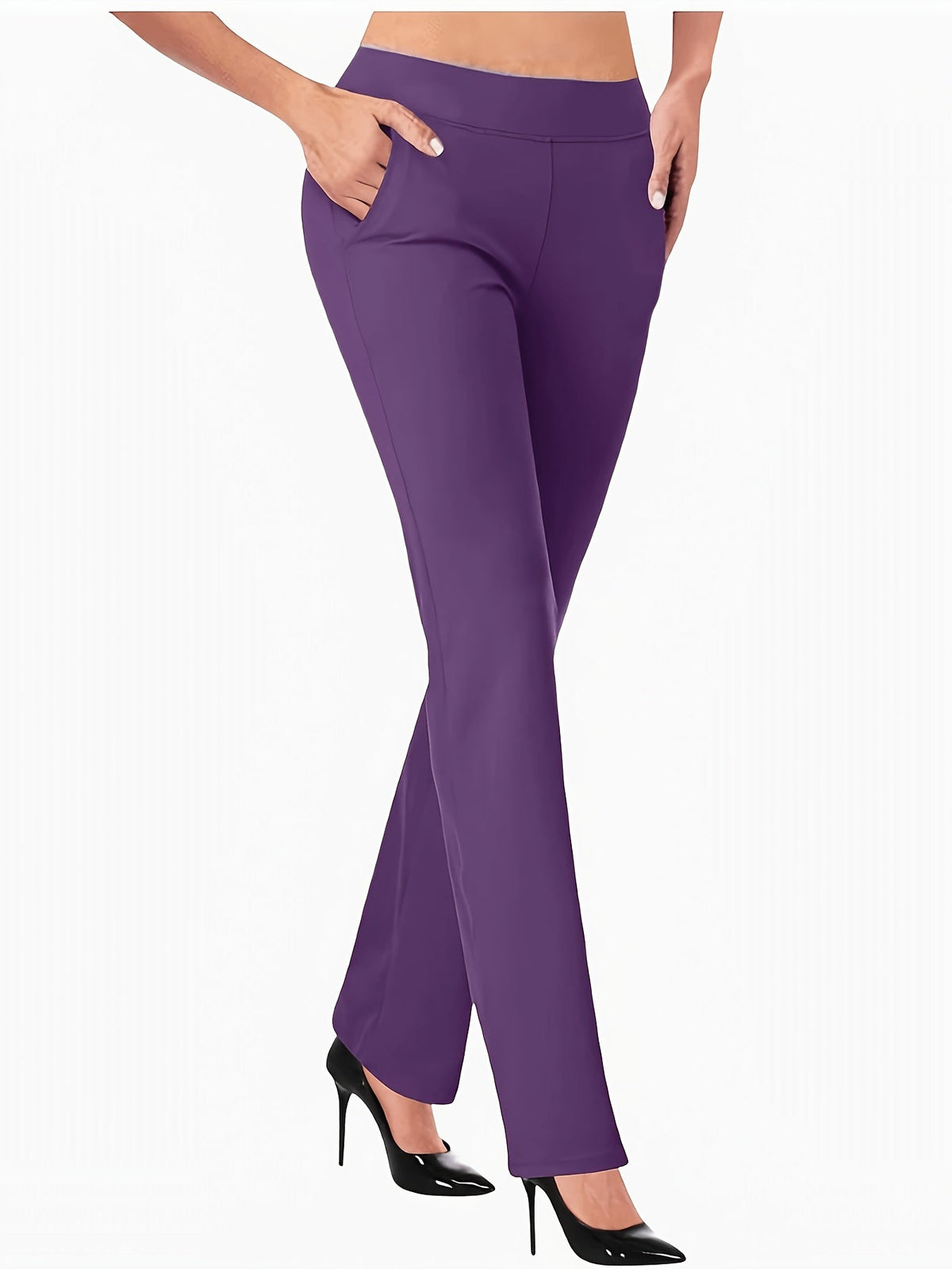 Women's High-Waist Stretch Flared Trousers | Elastic Waistband Wide Leg Pants with Pockets Casual Elegant Spring Summer Long Pants