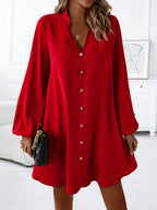 Women's V-Neck Long Sleeve A-Line Flared Dress Elegant Solid Color Single-Breasted Midi Dress for Spring Summer Party Casual