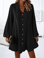 Women's V-Neck Long Sleeve A-Line Flared Dress Elegant Solid Color Single-Breasted Midi Dress for Spring Summer Party Casual