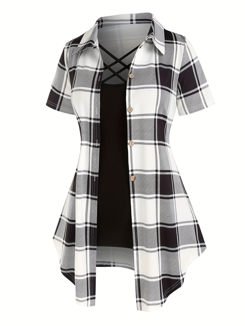 Women's Two-Piece Set Plaid Button Front Shirt & Solid Cami Top – Casual Summer Matching Outfit Set for Women S M L XL XXL Purple Milky Green
