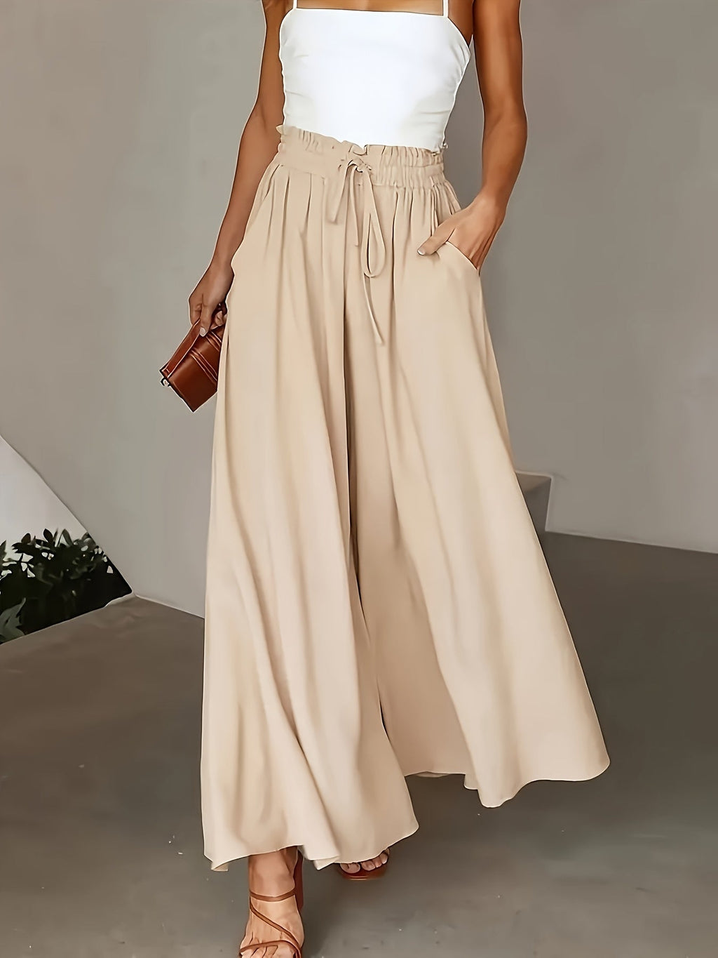 Women's High-Waist Wide-Leg Pants – Elegant Loose Fit Solid Color Flowy Trousers with Pockets for Spring Summer Office Casual