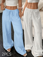 Women's 2-Piece Wide-Leg Pants Set Casual Summer Outfit Solid Color Waist-Tie Pocket Lounge Co-ord Set for Daily Wear & Vacation