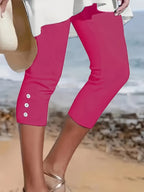 Women's Capri Pants Solid Color Stretchy Button-Front Elastic Waist Three-Quarter Length Trousers Casual Dressy Spring Summer Machine Washable S M L XL XXL