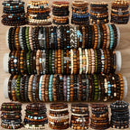 Boho Wood Beaded Bracelet Set – Stackable Elastic Bracelets with Turtle, Cross, Leaf & Feather Charms, Mixed Colors, Choose 12, 24, 47 or 87 Pcs – Perfect for Daily Wear & Gifting