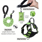 Dog Harness Leash and Poop Bag Dispenser Set 3-Piece Escape-Proof Adjustable Breathable Vest Harness for Medium Large Dogs with Reflective Strips – No-Pull Padded Dog Walking Kit with Waste Bag Holder
