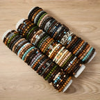 Boho Wood Beaded Bracelet Set – Stackable Elastic Bracelets with Turtle, Cross, Leaf & Feather Charms, Mixed Colors, Choose 12, 24, 47 or 87 Pcs – Perfect for Daily Wear & Gifting
