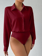 Women's Long Sleeve Bodysuit Solid Color Lapel Button Snap Crotch Shirt Top Stretchy Fitted Turtleneck Blouse for Women