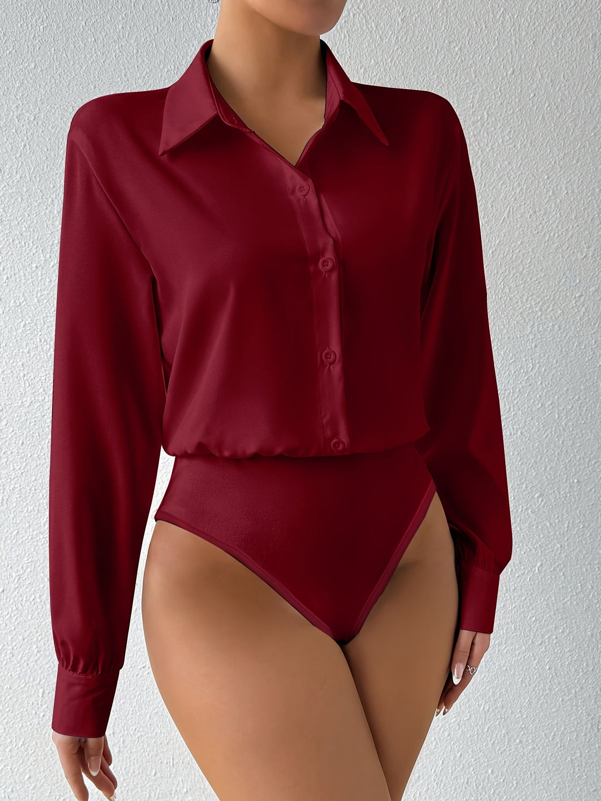 Women's Long Sleeve Bodysuit Solid Color Lapel Button Snap Crotch Shirt Top Stretchy Fitted Turtleneck Blouse for Women