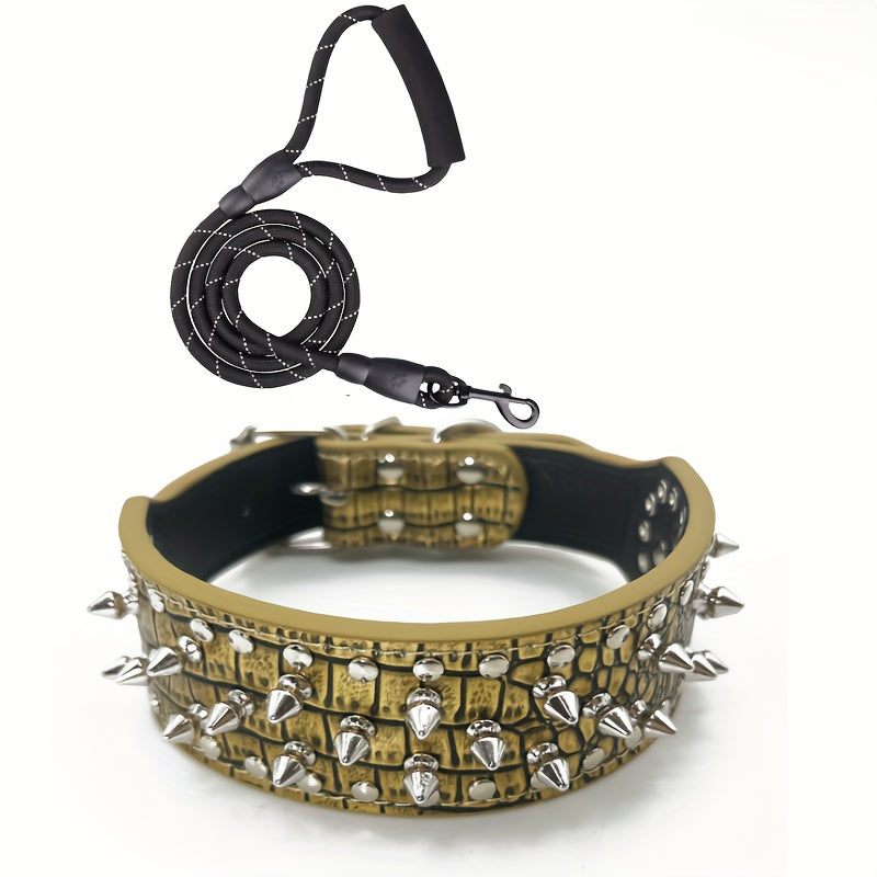 Spiked Studded Dog Collar with Leash Set – Rivet PU Leather Dog Collar for Training & Walking, Punk Rock Style Collar for Small Medium Large Dogs, Adjustable Heavy Duty with Metal Buckle