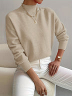 Women's Solid Color Mock Neck Drop Shoulder Pullover Sweater – Long Sleeve Knit Acrylic Blend Cozy Fall Winter Top