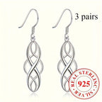 3 Pairs 925 Sterling Silver Celtic Knot Dangle Earrings for Women – Hypoallergenic Hollow Drop Earring Set, Elegant Daily & Casual Jewelry Gift