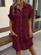 Women's Solid Color Button-Down Shirt Dress – Breathable Lapel Retro Casual Tunic Dress for All Seasons Everyday Wear
