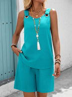 Women's Solid Color Sleeveless Top & Shorts Set – 100% Polyester Double Pocket Casual Vacation Outfit for Spring Summer Fall