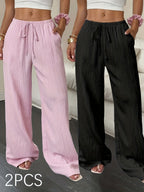 Women's 2-Piece Wide-Leg Pants Set Casual Summer Outfit Solid Color Waist-Tie Pocket Lounge Co-ord Set for Daily Wear & Vacation