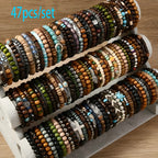 Boho Wood Beaded Bracelet Set – Stackable Elastic Bracelets with Turtle, Cross, Leaf & Feather Charms, Mixed Colors, Choose 12, 24, 47 or 87 Pcs – Perfect for Daily Wear & Gifting