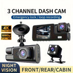 3 Channel Dash Cam 4K Front + 4K Interior + 1080P Rear with Free 32GB Card, Night Vision, G-Sensor, Wide Angle, Real-Time Recording & Parking Monitor – Velora