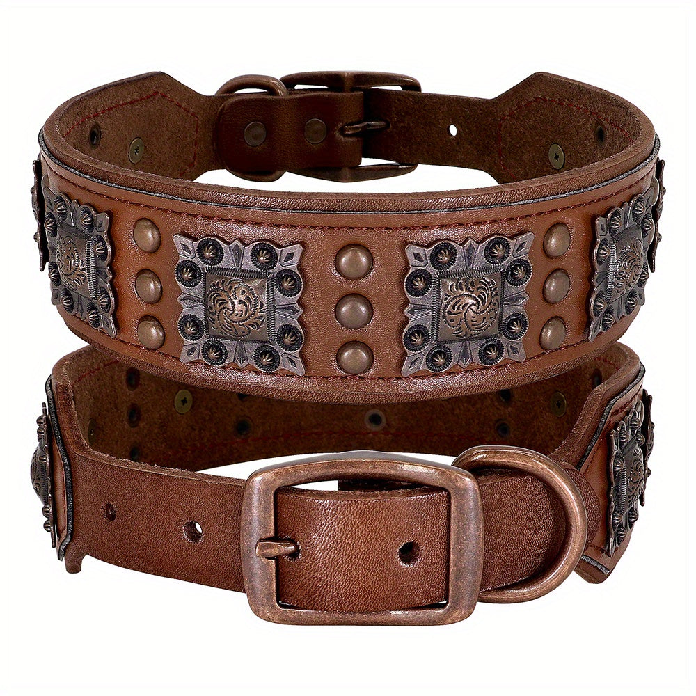 Heavy Duty Studded Leather Dog Collar for Medium and Large Dogs - Durable Real Leather with Metal Studs, Adjustable L XL XXL, 8 Colors, Strong Dog Collar for Large Breed Training Walking