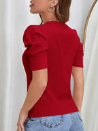 Women's Puff Sleeve T-Shirt - Elegant Ruffled Shoulder Round Neck Short Sleeve Solid Color Casual Top, Regular Fit All-Season Machine Washable Blouse, Green Red Blue, Sizes S-XXL, Versatile Everyday Wear