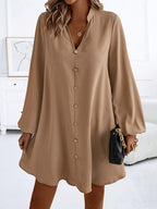 Women's V-Neck Long Sleeve A-Line Flared Dress Elegant Solid Color Single-Breasted Midi Dress for Spring Summer Party Casual