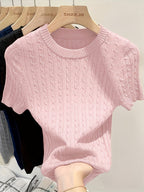 Women's Jacquard Short Sleeve Sweater Chic Cable Knit Round Neck Pullover Ribbed Hem Cuffs Lightweight Viscose Spring Summer Casual S M L XL XXL