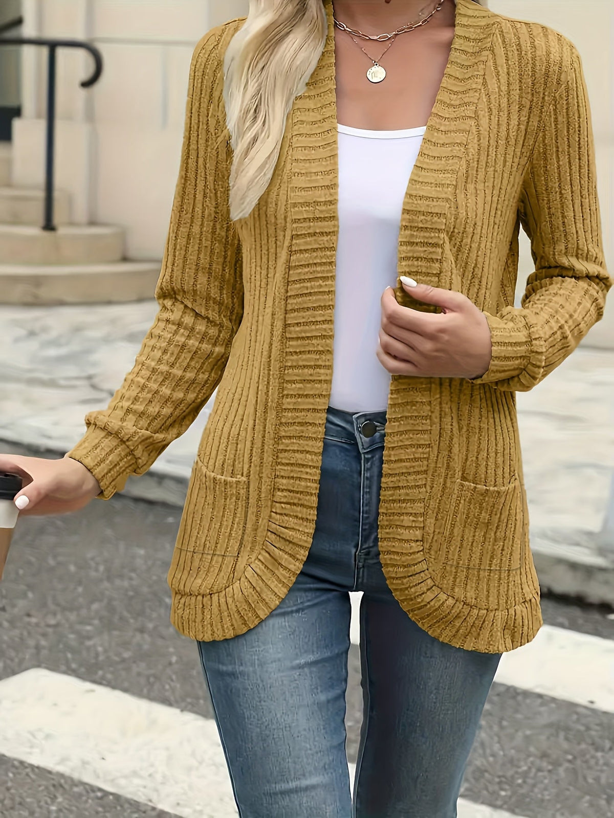 Women's Elegant Front Open Sweater Cardigan Long Sleeve Pleated Detail Solid Color - Soft Suede Feel Layering Piece for Fall Winter Office Casual Daily Wear