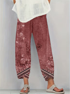 Vintage Floral Capri Pants with Elastic Waist & Pockets | Women's Retro Smocked Cropped Trousers | Casual Comfortable Boho Bottoms for Spring Summer Fall | S-XXL Multiple Colors