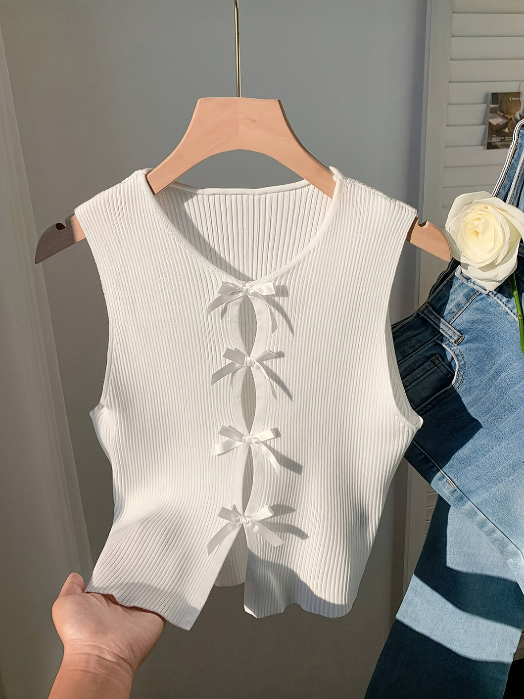 Women's Bow-Tie Striped Crop Vest - Sexy Tight Stretchy Knit Tank Top, 100% Polyester Crew Neck, Y2K Summer Cami Sleeveless Top for Going Out