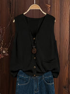Artistic Vintage Knit Vest Women Loose V-Neck Sleeveless Cardigan Button Down with Pocket Spring Summer 2026 Collection – Acrylic Soft Knit