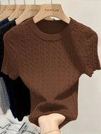 Women's Jacquard Short Sleeve Sweater Chic Cable Knit Round Neck Pullover Ribbed Hem Cuffs Lightweight Viscose Spring Summer Casual S M L XL XXL