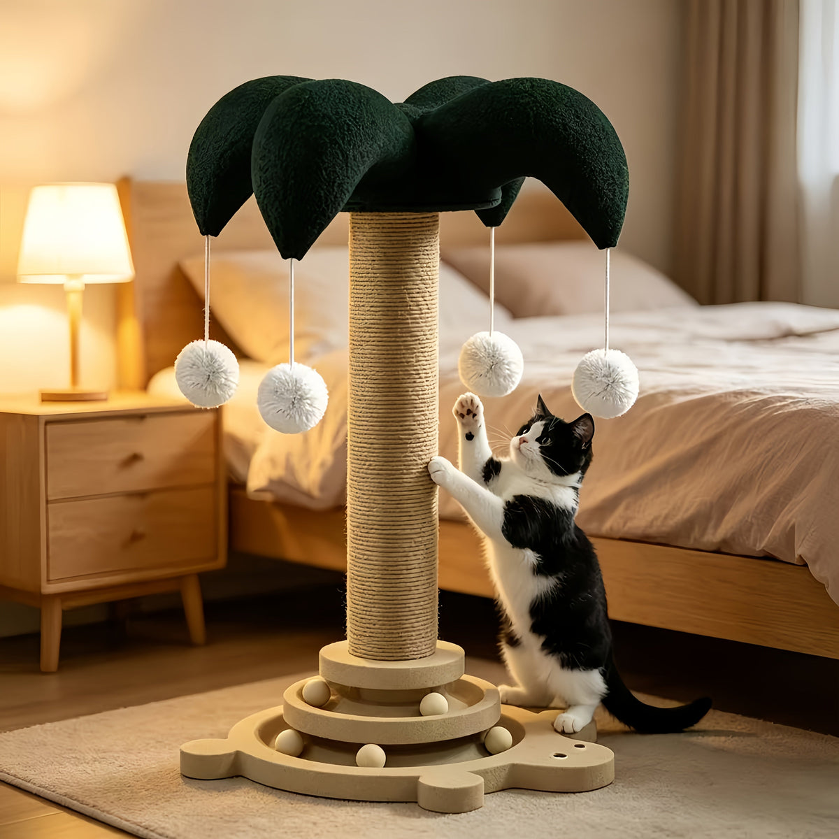 Sisal Cat Scratching Pole Set with Clown Hat Vertical Scratch Plate & Cat Climbing Frame - Wear-Resistant Cat Scratcher Toy with Teasing Stick for Indoor Cats Kittens Millet Shape Turtle Shape