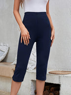 Women's Solid Color Tight-Fitting Capri Leggings – High-Stretch Slim Fit Cropped Pants for Summer Workout, Yoga & Casual Wear in Navy Blue