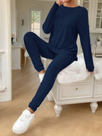 Women's Ribbed Two-Piece Set – Casual Soft 100% Polyester Crew Neck Long Sleeve Top & Pants Micro-Stretch Commuter Fashion Spring Fall Outfit