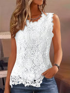 Women's Floral Lace Sleeveless Vest Top | Round Neck Solid Elegant Summer Tank Cami Blouse for Casual Daily Wear