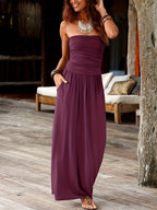 Strapless Bandeau Maxi Dress with Pockets for Women – Waist-Cinching Stretch Casual Summer Long Dress in Solid Colors S-XXL
