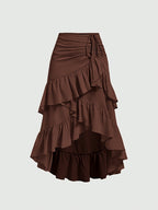 Women's Asymmetrical Pleated Hem Multi-Layer Midi Skirt – Flowy Chiffon-Style 100% Polyester Spring Fall Fashion Tiered Ruffle Swing Skirt
