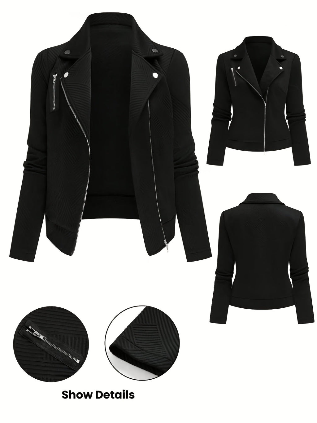Women's Solid Color Biker Jacket Zipper Button Maze Grid Moto Coat - Stylish Casual Outerwear for Fall Winter Daily Commute Streetwear Top