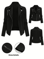 Women's Solid Color Biker Jacket Zipper Button Maze Grid Moto Coat - Stylish Casual Outerwear for Fall Winter Daily Commute Streetwear Top
