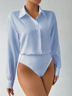 Women's Long Sleeve Bodysuit Solid Color Lapel Button Snap Crotch Shirt Top Stretchy Fitted Turtleneck Blouse for Women