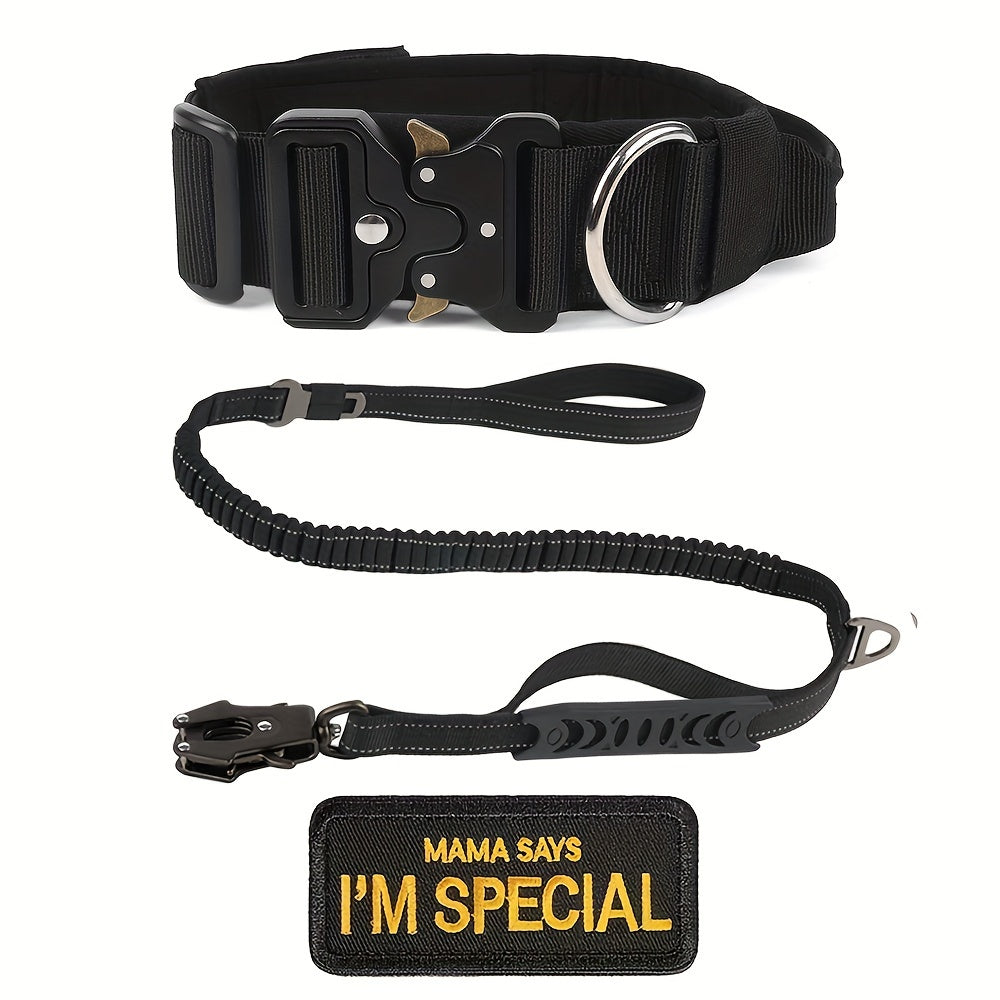 Tactical Dog Collar and Heavy Duty Elastic Leash Set for Medium Large Dogs - High Strength Metal Buckle Nylon Dog Collar, Stretchable Bungee Dog Leash, Outdoor Training Walking Gear