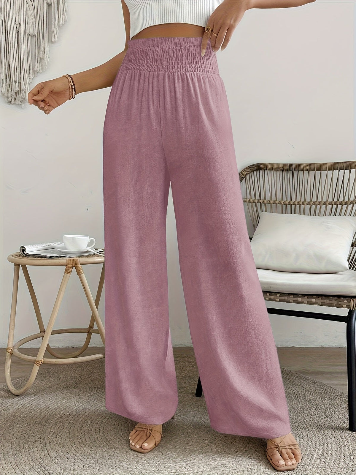 Women's High-Waist Elegant Solid Color Pants Smooth Micro Elasticity Trousers - Casual Chic Machine Washable Bottoms for Spring Summer Fall Office Daily Wear
