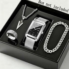4pcs Men's Fashion Quartz Watch & Jewelry Set – Stainless Steel Strap Date Display Watch with Necklace Bracelet Ring, Business Casual Elegant Gift Set for Men in Gold Silver Black
