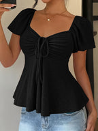Women's Y2K Jacquard V-Neck Drawstring T-Shirt – Solid Color Short Sleeve Breathable Elegant Top for Spring & Summer