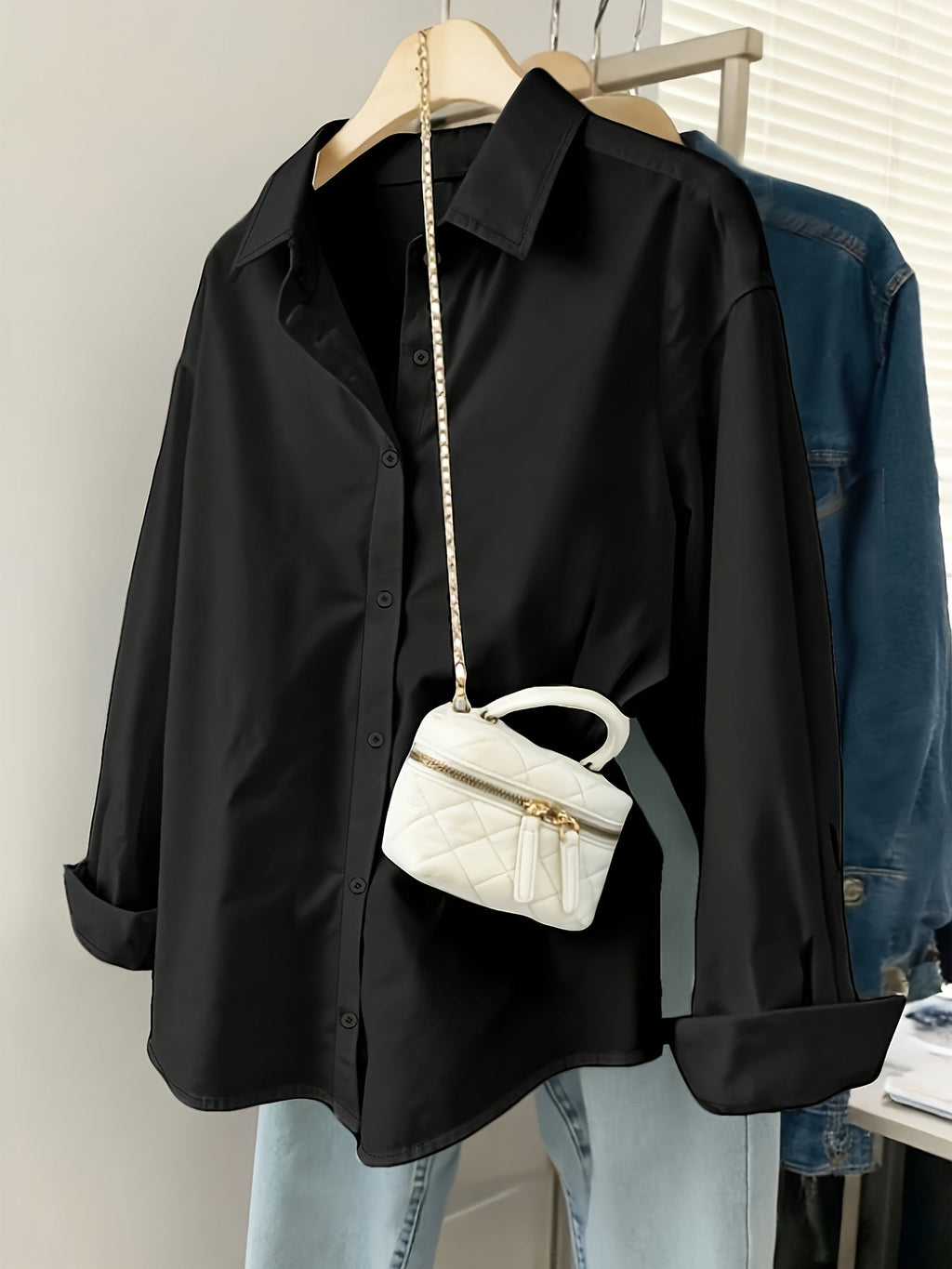 Women's Long Sleeve Button Down Shirts Solid Color Casual Loose Fit Blouse Tops for Women Classic Collar Office Work Shirt