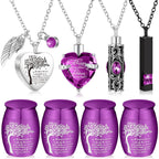 8-Piece Small Cremation Urns for Ashes – Alloy Keepsake Ash Holder Set with Family Tree Memorial Heart Locket Pendant for Adults Men & Women, Burial & Cremation Remembrance Gift, 8 Colors