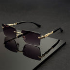 Unisex Rimless Leopard Sunglasses - UV400 Narrow Rectangular Frameless Shades in Black & Gold, Premium Fashion Eyewear for Men & Women, Includes Case & Cloth, Great for Parties Travel & Festivals