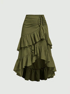 Women's Asymmetrical Pleated Hem Multi-Layer Midi Skirt – Flowy Chiffon-Style 100% Polyester Spring Fall Fashion Tiered Ruffle Swing Skirt